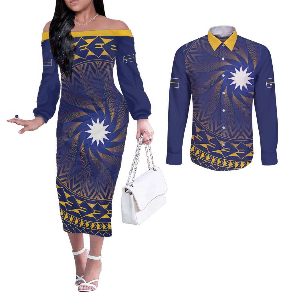 Nauru Angam Day Couples Matching Off The Shoulder Long Sleeve Dress and Long Sleeve Button Shirt Polynesian Tribal Pattern Unique Style - Polynesian Pride
