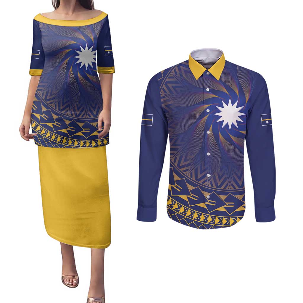 Nauru Angam Day Couples Matching Puletasi and Long Sleeve Button Shirt Polynesian Tribal Pattern Unique Style - Polynesian Pride