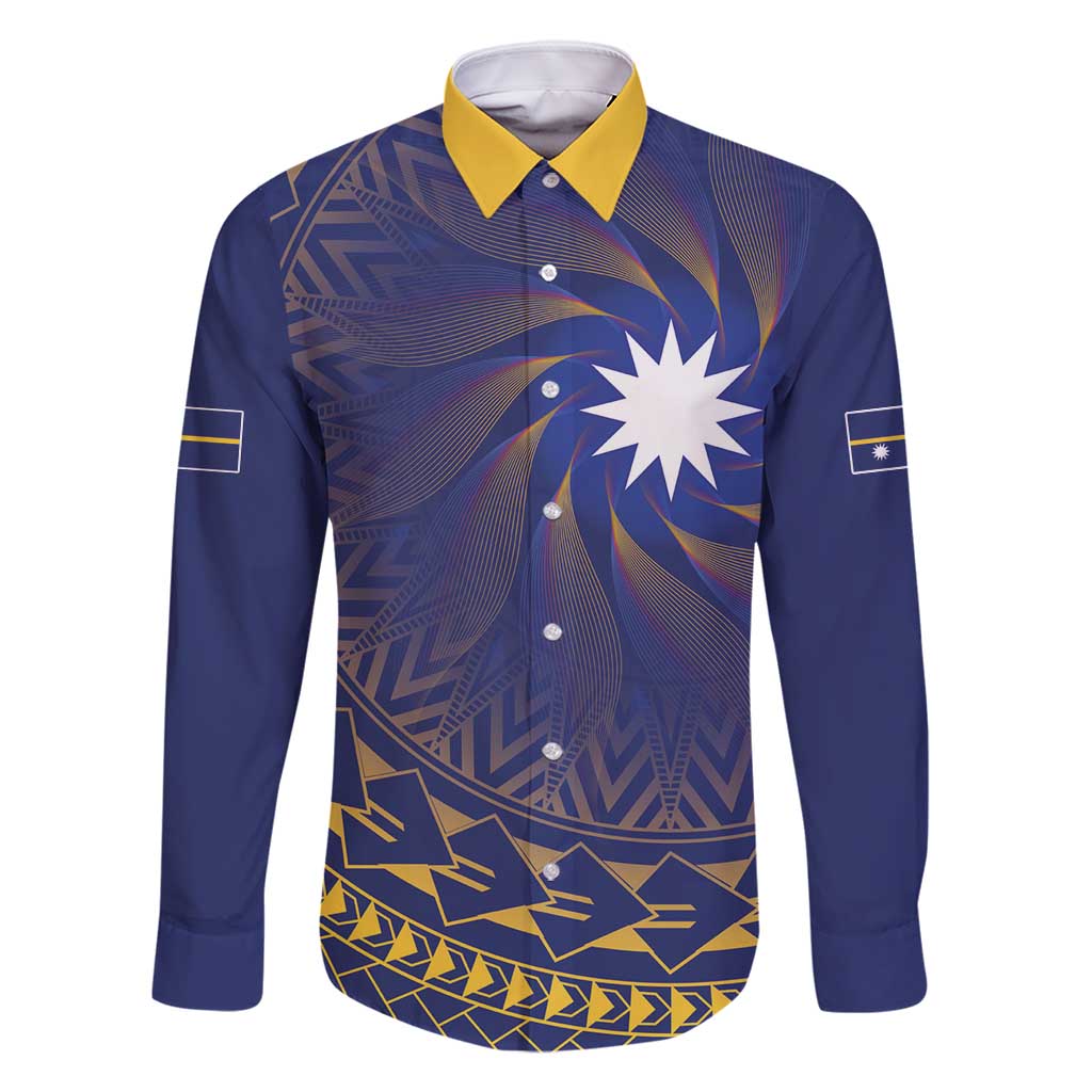 Nauru Angam Day Family Matching Long Sleeve Bodycon Dress and Hawaiian Shirt Polynesian Tribal Pattern Unique Style LT05 Dad's Shirt - Long Sleeve Blue - Polynesian Pride