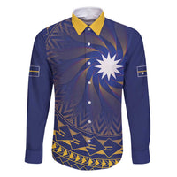Nauru Angam Day Family Matching Long Sleeve Bodycon Dress and Hawaiian Shirt Polynesian Tribal Pattern Unique Style LT05 Dad's Shirt - Long Sleeve Blue - Polynesian Pride