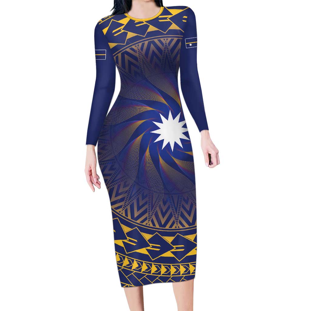 Nauru Angam Day Long Sleeve Bodycon Dress Polynesian Tribal Pattern Unique Style LT05 Long Dress Blue - Polynesian Pride