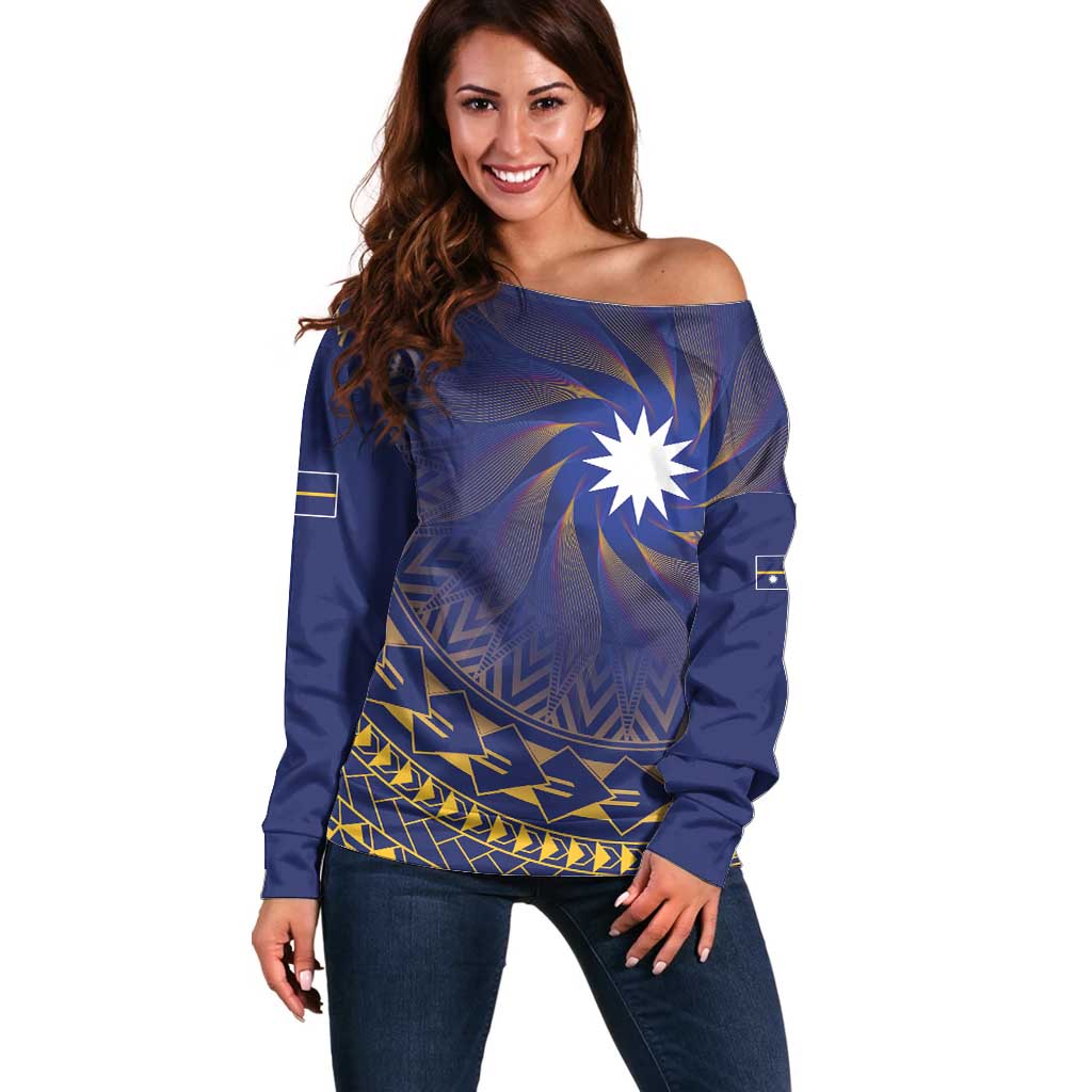 Nauru Angam Day Off Shoulder Sweater Polynesian Tribal Pattern Unique Style LT05 Women Blue - Polynesian Pride