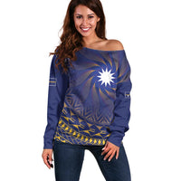 Nauru Angam Day Off Shoulder Sweater Polynesian Tribal Pattern Unique Style LT05 Women Blue - Polynesian Pride