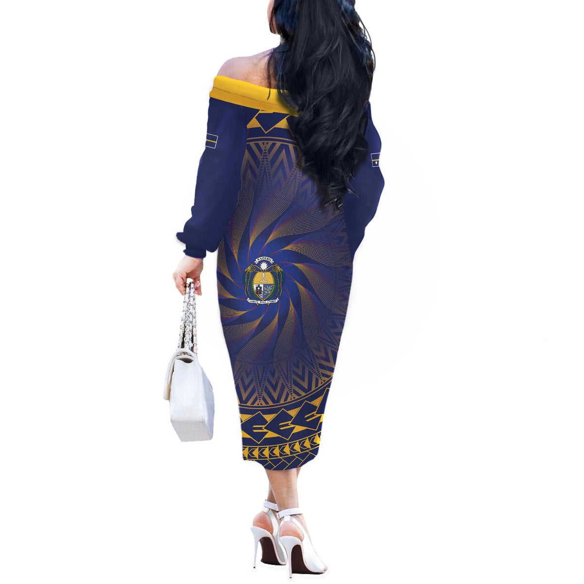 Nauru Angam Day Off The Shoulder Long Sleeve Dress Polynesian Tribal Pattern Unique Style - Polynesian Pride