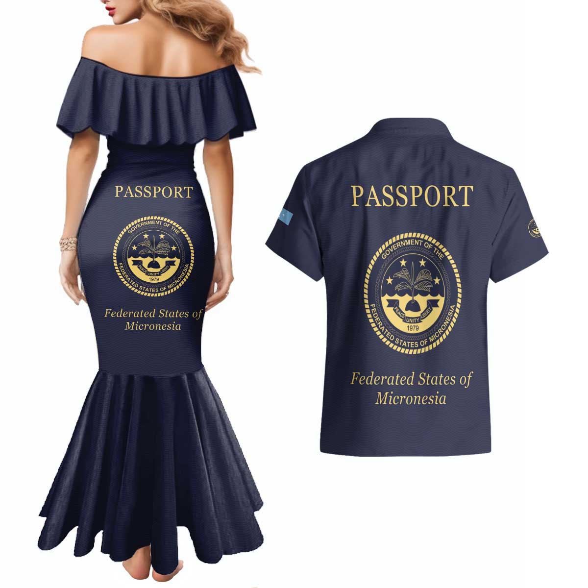 Personalised Federated States Of Micronesia Couples Matching Mermaid Dress and Hawaiian Shirt FSM Passport - Polynesian Pride