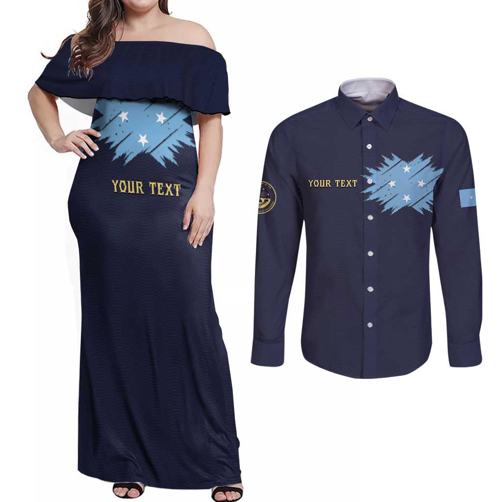 Personalised Federated States Of Micronesia Couples Matching Off Shoulder Maxi Dress and Long Sleeve Button Shirt FSM Passport - Polynesian Pride