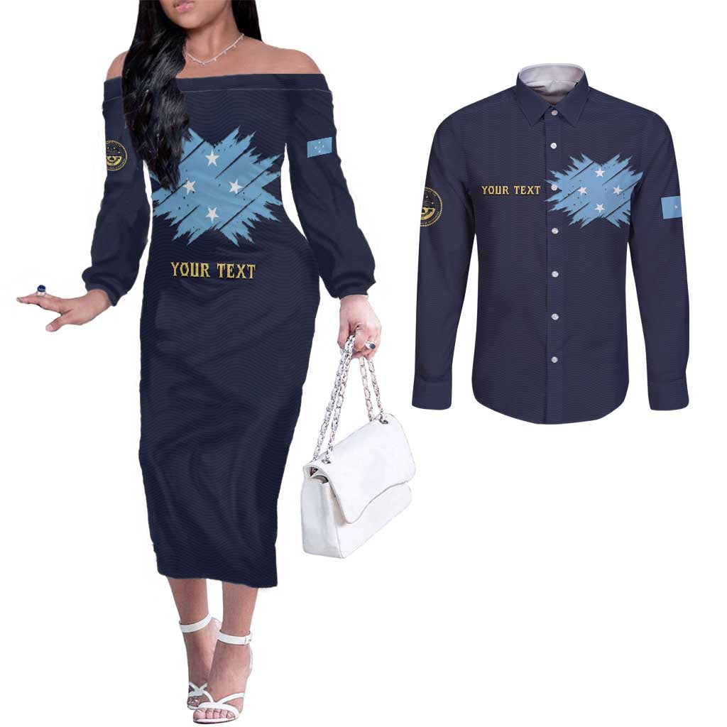 Personalised Federated States Of Micronesia Couples Matching Off The Shoulder Long Sleeve Dress and Long Sleeve Button Shirt FSM Passport - Polynesian Pride
