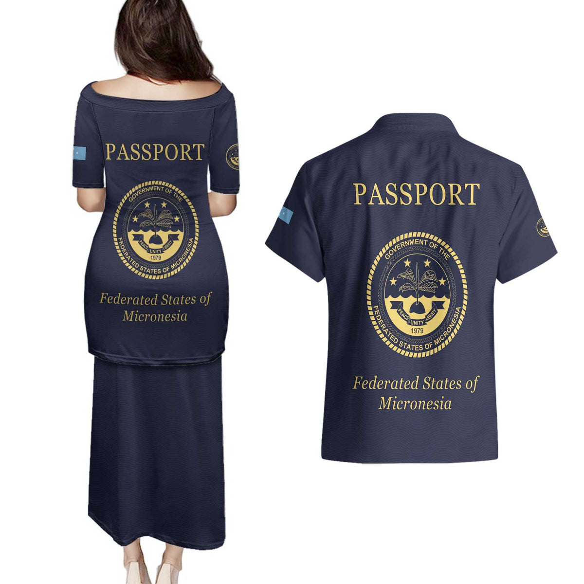 Personalised Federated States Of Micronesia Couples Matching Puletasi and Hawaiian Shirt FSM Passport - Polynesian Pride