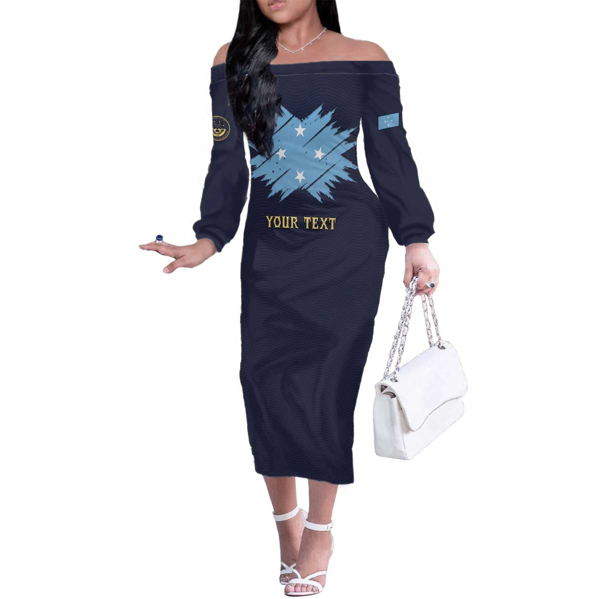 Personalised Federated States Of Micronesia Family Matching Off The Shoulder Long Sleeve Dress and Hawaiian Shirt FSM Passport - Polynesian Pride