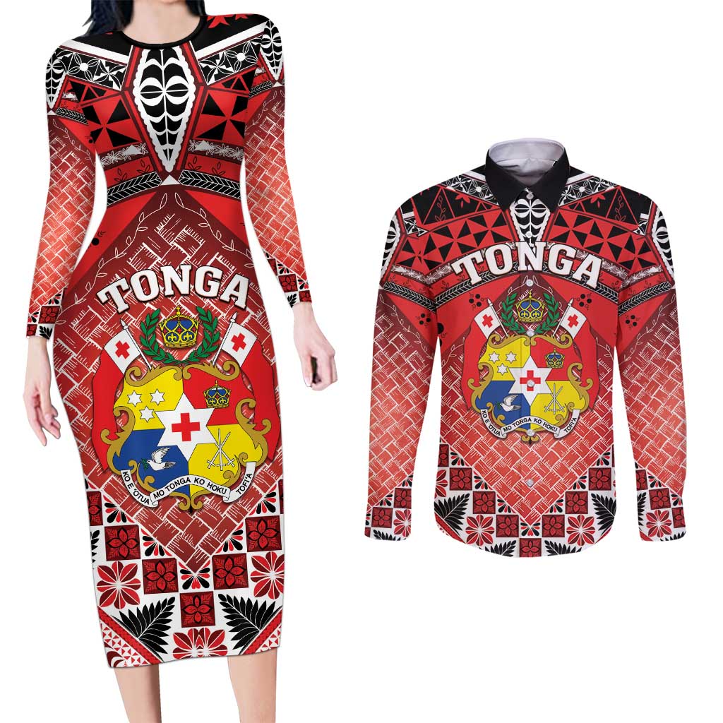 Personalised Tonga Constitution Day Couples Matching Long Sleeve Bodycon Dress and Long Sleeve Button Shirt 150 Years Jubilee - Polynesian Pride