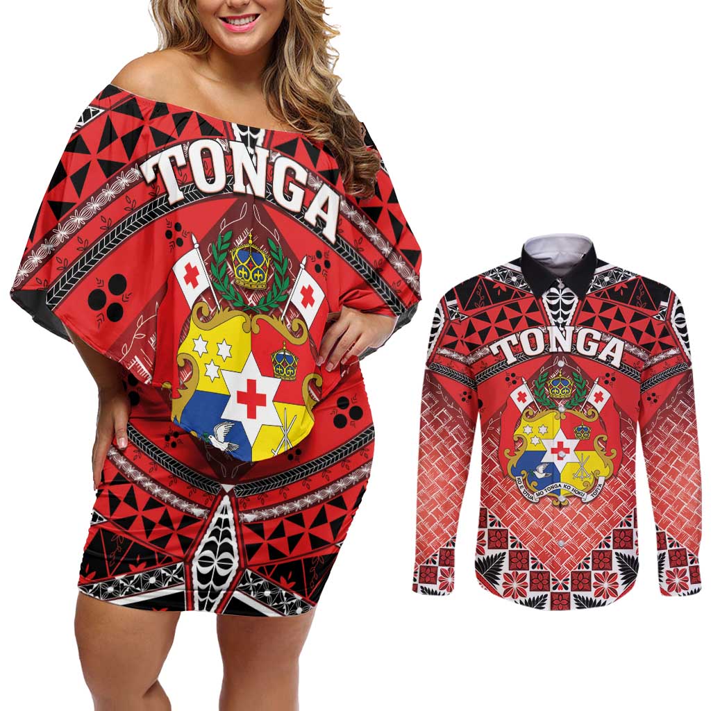 Personalised Tonga Constitution Day Couples Matching Off Shoulder Short Dress and Long Sleeve Button Shirt 150 Years Jubilee LT05 Red - Polynesian Pride