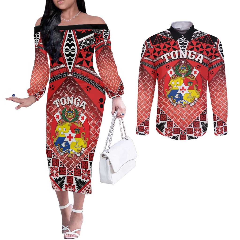 Personalised Tonga Constitution Day Couples Matching Off The Shoulder Long Sleeve Dress and Long Sleeve Button Shirt 150 Years Jubilee - Polynesian Pride