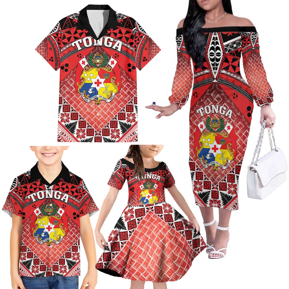 Personalised Tonga Constitution Day Family Matching Off The Shoulder Long Sleeve Dress and Hawaiian Shirt 150 Years Jubilee - Polynesian Pride
