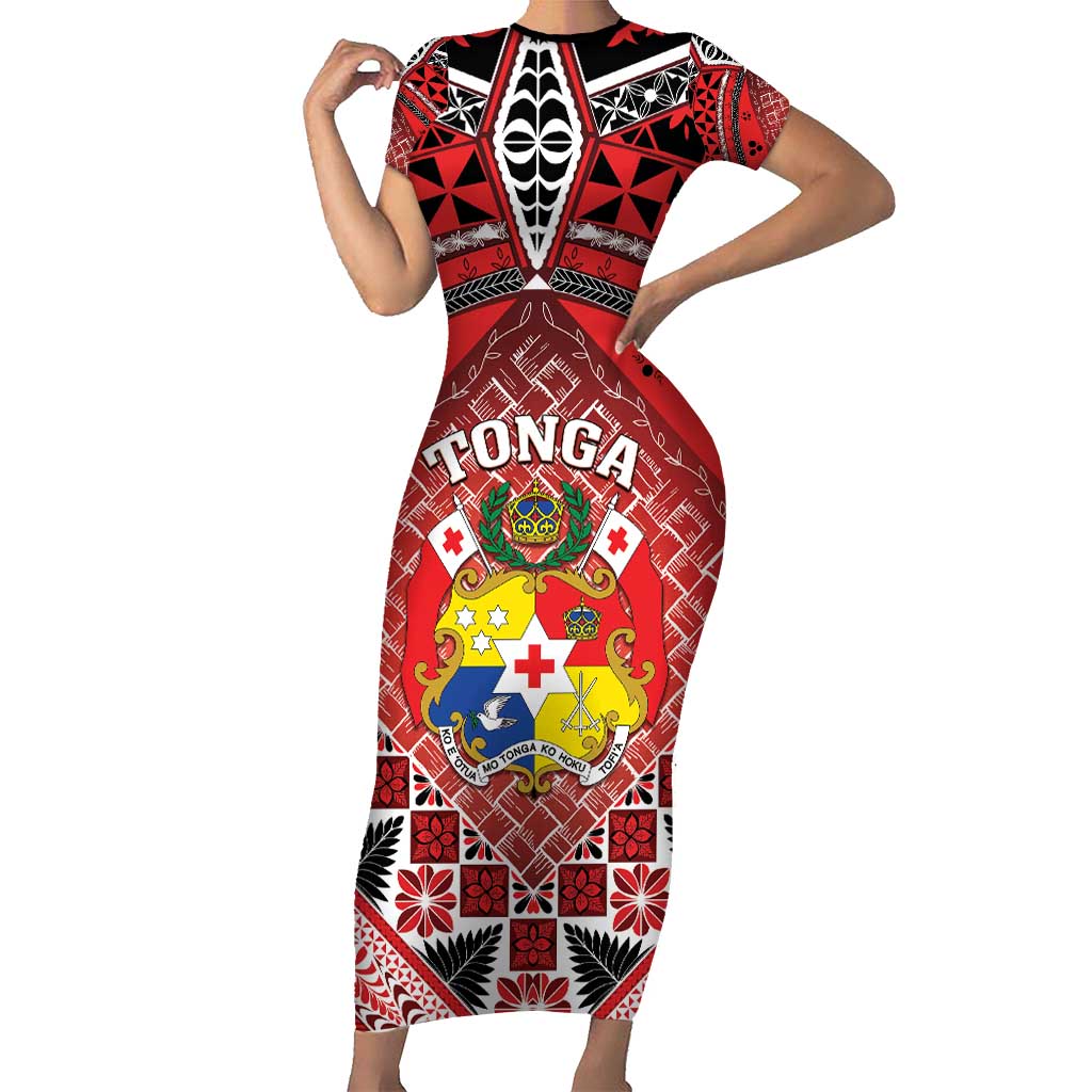 Personalised Tonga Constitution Day Short Sleeve Bodycon Dress 150 Years Jubilee LT05 Long Dress Red - Polynesian Pride