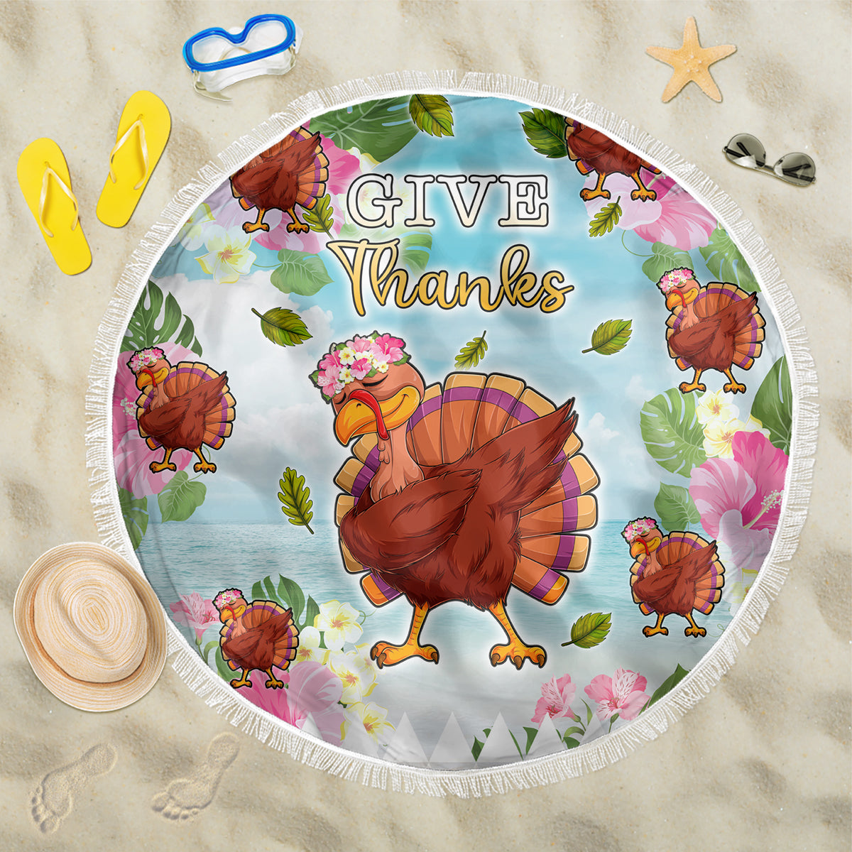 Hawaii Thanksgiving Beach Blanket Funny Turkey Dabbing Dance LT05 One Size 150cm Blue - Polynesian Pride
