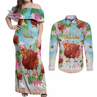 Hawaii Thanksgiving Couples Matching Off Shoulder Maxi Dress and Long Sleeve Button Shirt Funny Turkey Dabbing Dance LT05 Blue - Polynesian Pride