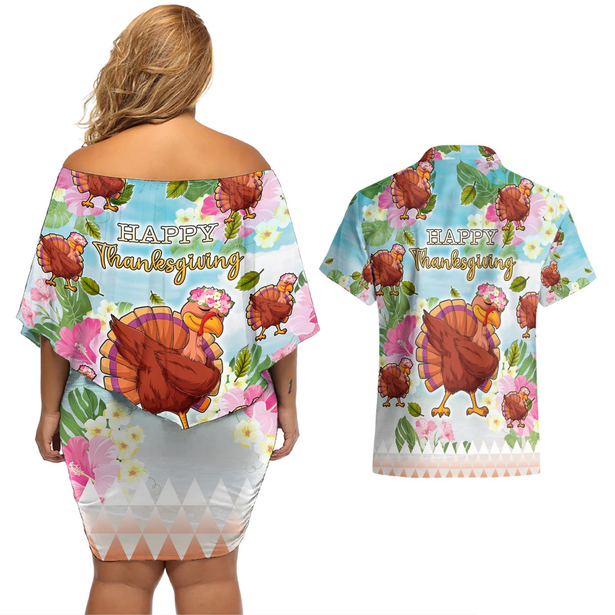 Hawaii Thanksgiving Couples Matching Off Shoulder Short Dress and Hawaiian Shirt Funny Turkey Dabbing Dance LT05 - Polynesian Pride