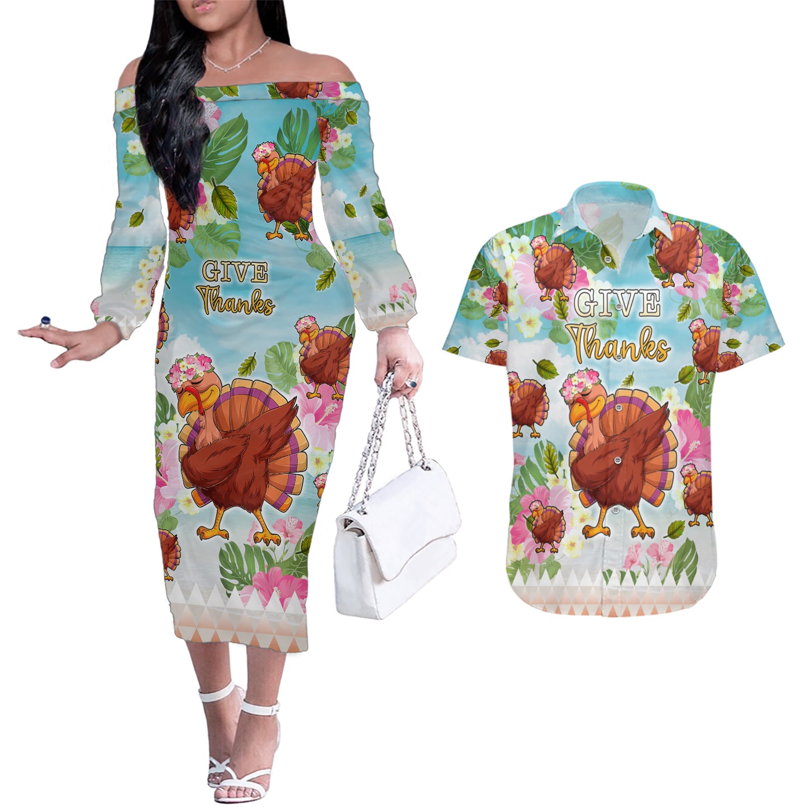 Hawaii Thanksgiving Couples Matching Off The Shoulder Long Sleeve Dress and Hawaiian Shirt Funny Turkey Dabbing Dance LT05 Blue - Polynesian Pride