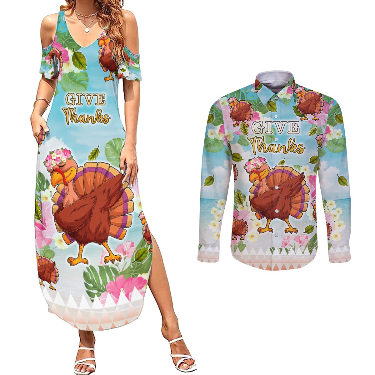 Hawaii Thanksgiving Couples Matching Summer Maxi Dress and Long Sleeve Button Shirt Funny Turkey Dabbing Dance LT05 Blue - Polynesian Pride
