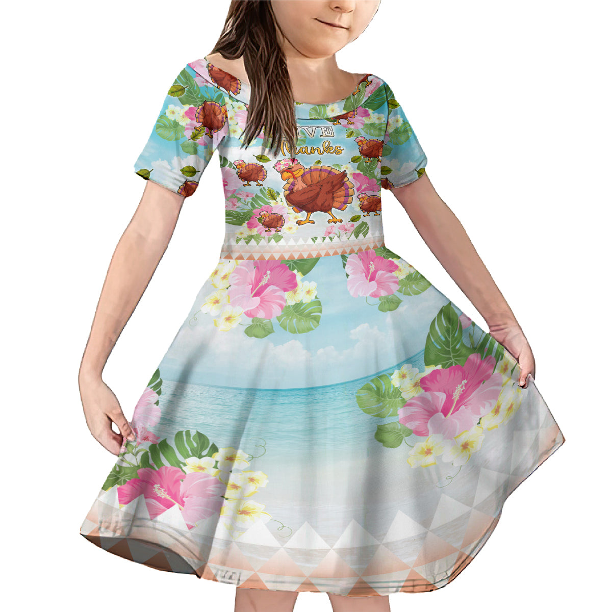 Hawaii Thanksgiving Family Matching Mermaid Dress and Hawaiian Shirt Funny Turkey Dabbing Dance LT05 Daughter's Dress Blue - Polynesian Pride