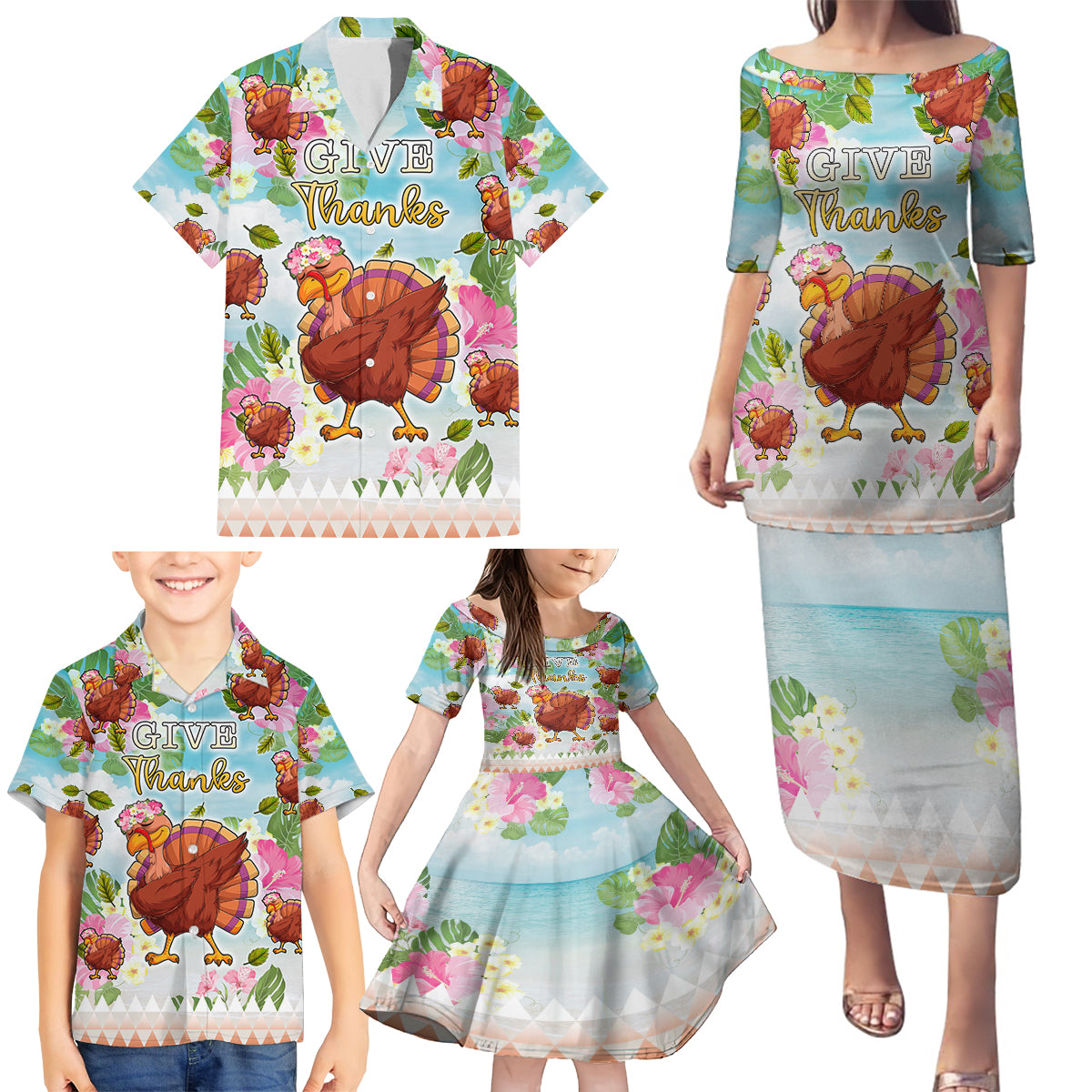Hawaii Thanksgiving Family Matching Puletasi Dress and Hawaiian Shirt Funny Turkey Dabbing Dance LT05 - Polynesian Pride
