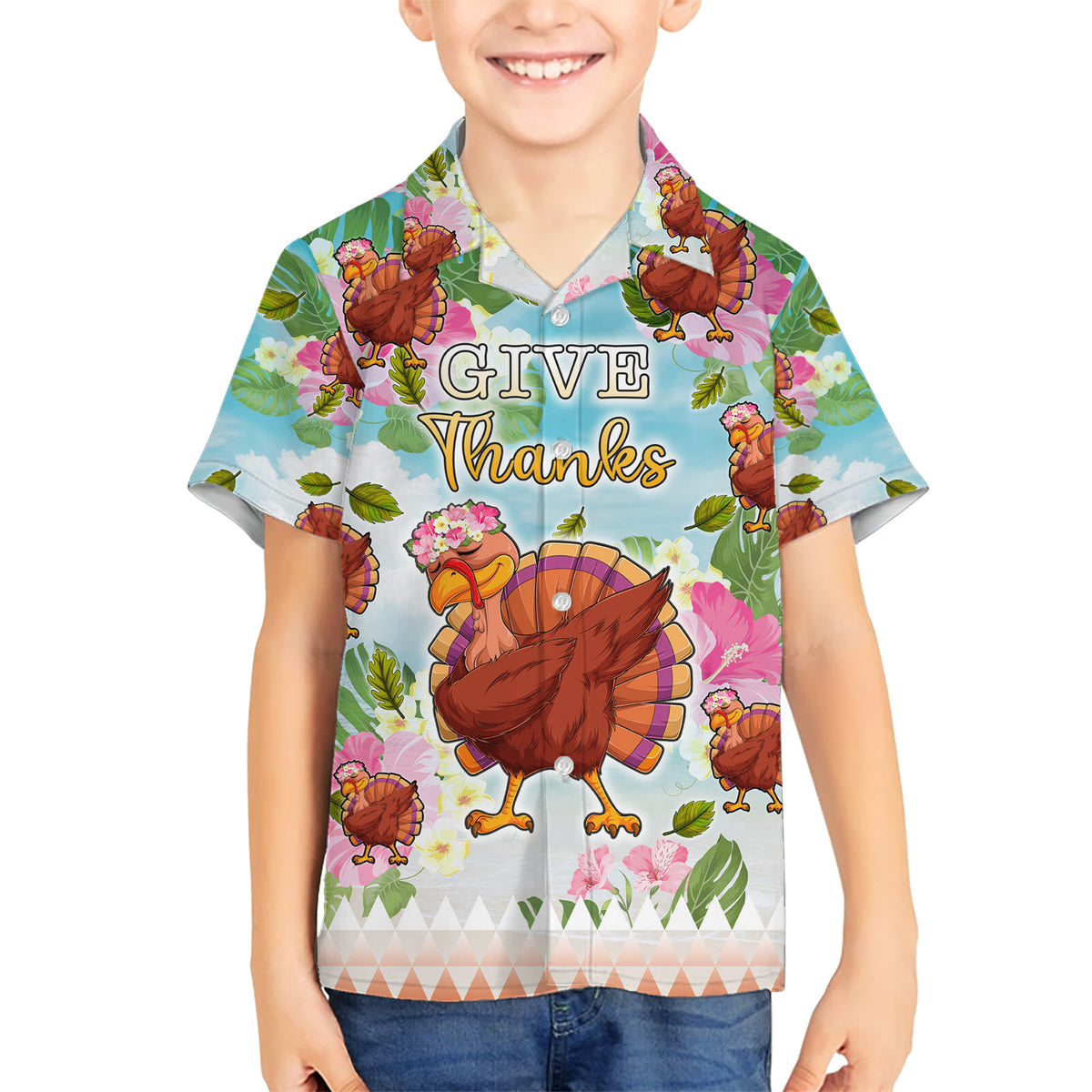 Hawaii Thanksgiving Family Matching Short Sleeve Bodycon Dress and Hawaiian Shirt Funny Turkey Dabbing Dance LT05 Son's Shirt Blue - Polynesian Pride