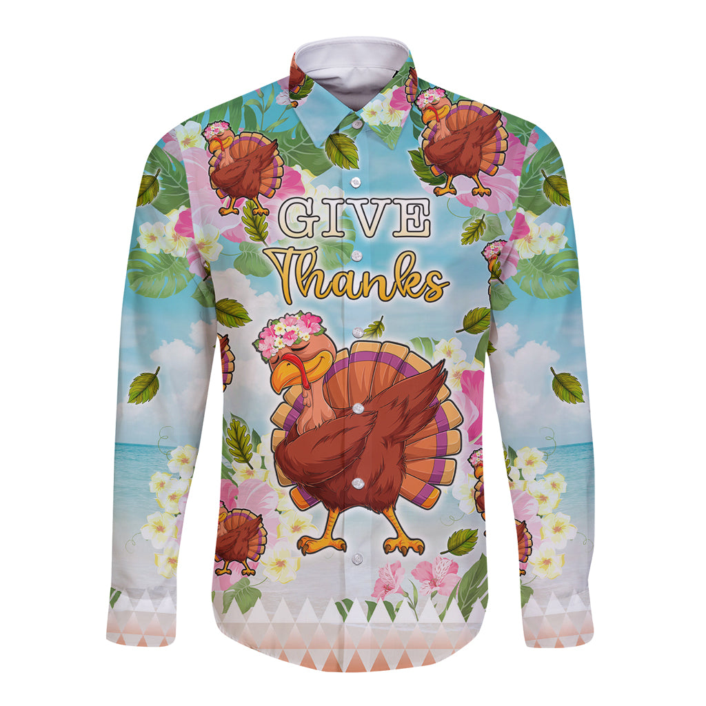 Hawaii Thanksgiving Long Sleeve Button Shirt Funny Turkey Dabbing Dance LT05 Unisex Blue - Polynesian Pride