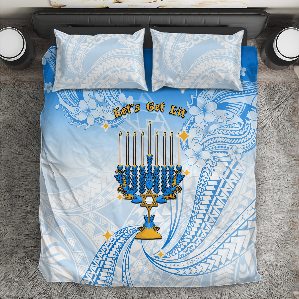Polynesia Hanukkah Festival Bedding Set With Menorah Polynesian Style LT05 Blue - Polynesian Pride
