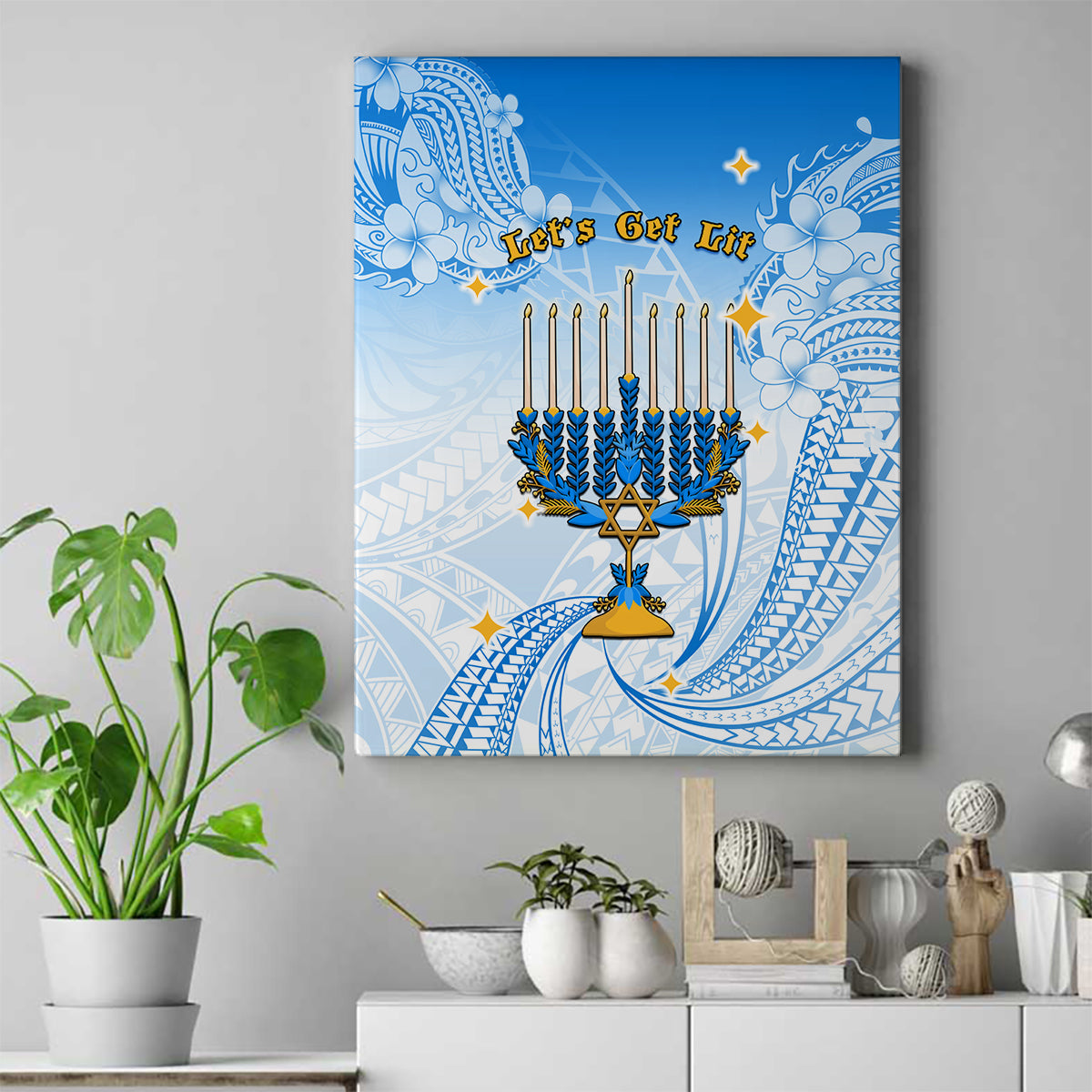 Polynesia Hanukkah Festival Canvas Wall Art With Menorah Polynesian Style LT05 Blue - Polynesian Pride