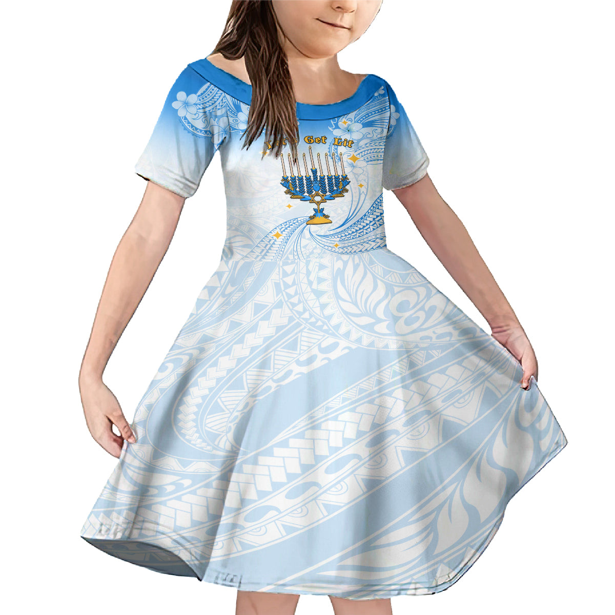 Polynesia Hanukkah Festival Family Matching Mermaid Dress and Hawaiian Shirt With Menorah Polynesian Style LT05 Daughter's Dress Blue - Polynesian Pride