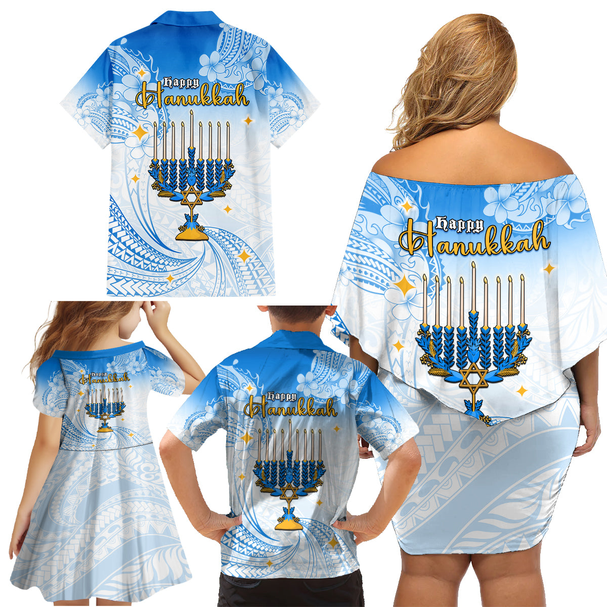 Polynesia Hanukkah Festival Family Matching Off Shoulder Short Dress and Hawaiian Shirt With Menorah Polynesian Style LT05 - Polynesian Pride
