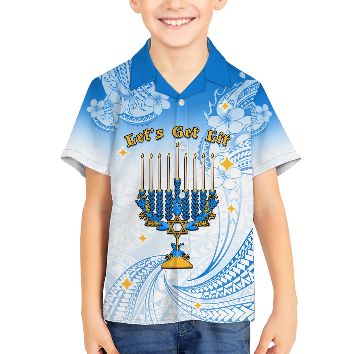 Polynesia Hanukkah Festival Kid Hawaiian Shirt With Menorah Polynesian Style LT05 Kid Blue - Polynesian Pride