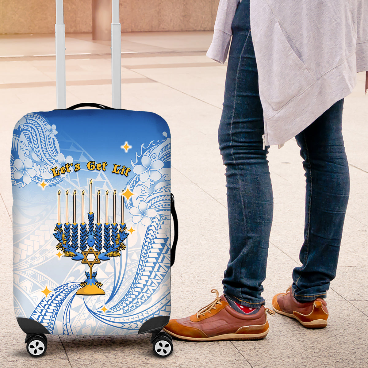 Polynesia Hanukkah Festival Luggage Cover With Menorah Polynesian Style LT05 Blue - Polynesian Pride
