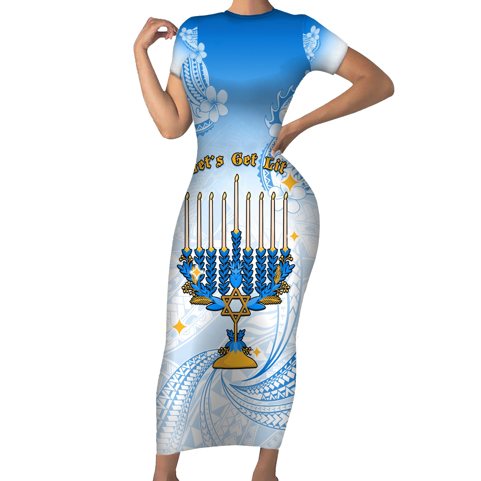 Polynesia Hanukkah Festival Short Sleeve Bodycon Dress With Menorah Polynesian Style LT05 Long Dress Blue - Polynesian Pride