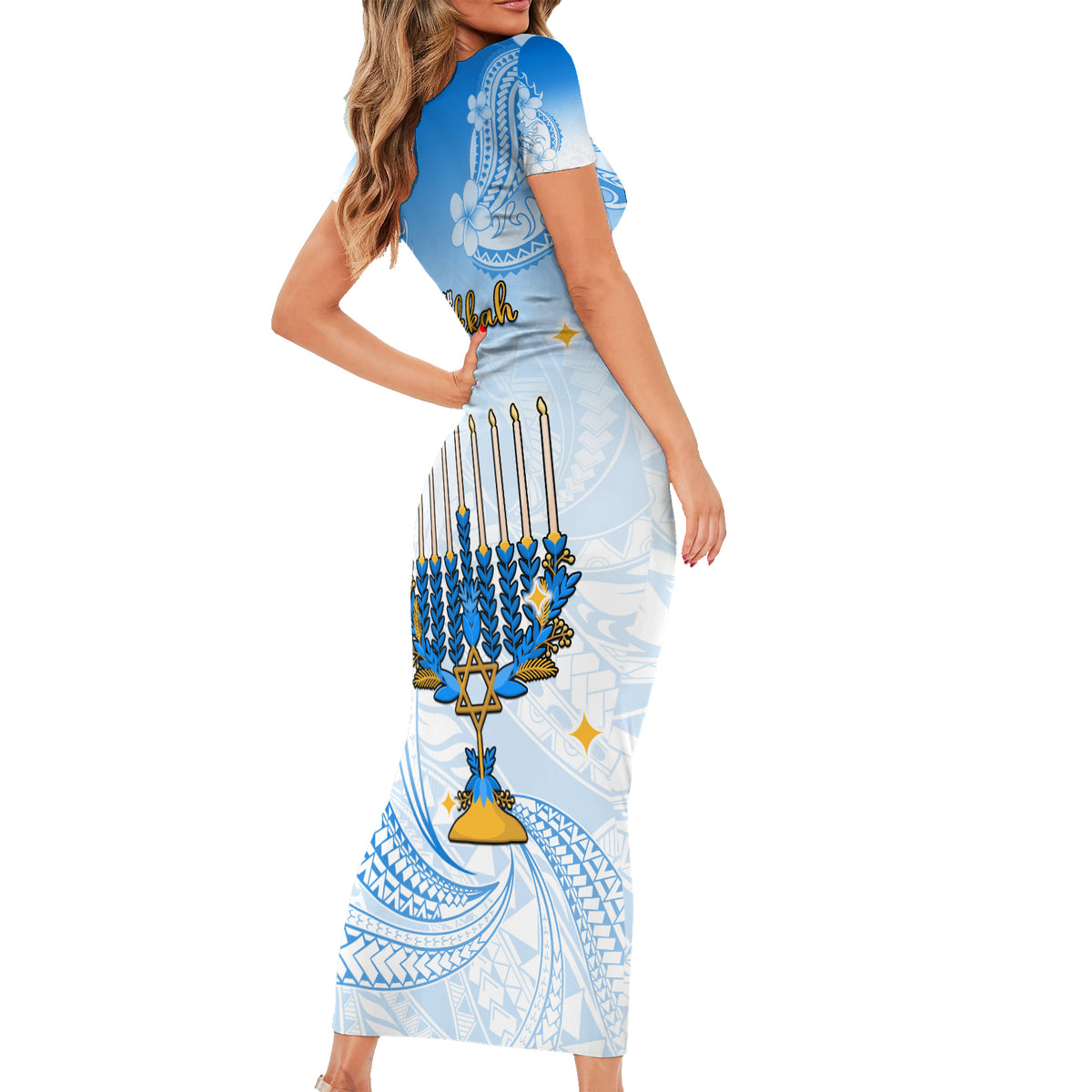 Polynesia Hanukkah Festival Short Sleeve Bodycon Dress With Menorah Polynesian Style LT05 - Polynesian Pride