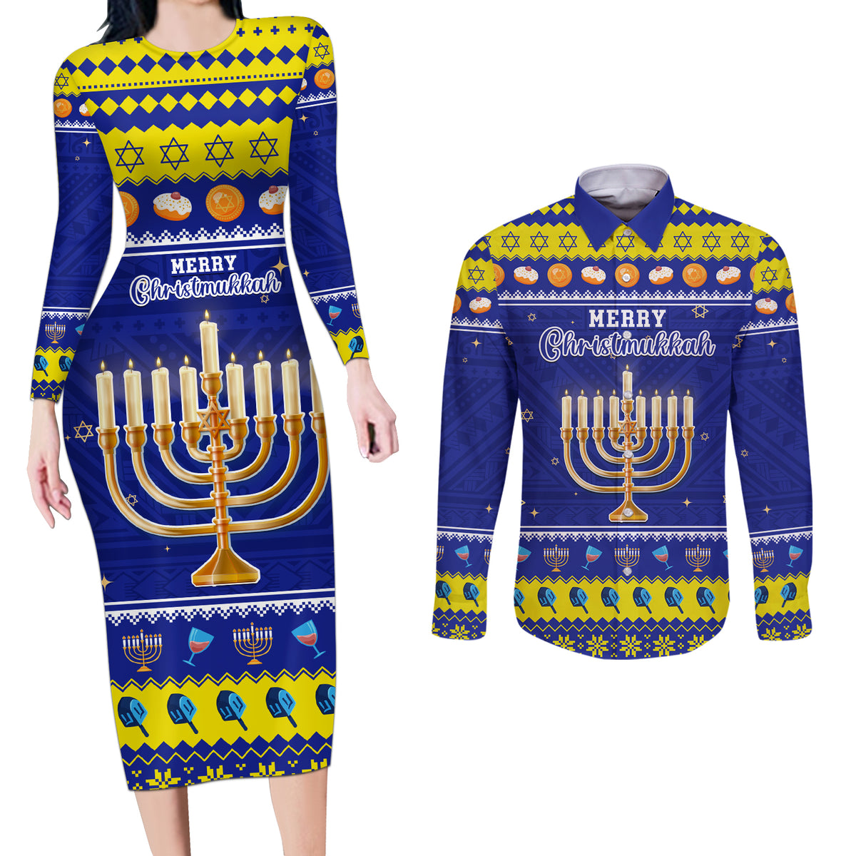 Personalised Polynesia Christmukkah Couples Matching Long Sleeve Bodycon Dress and Long Sleeve Button Shirt Menorah With Polynesian Tribal Pattern LT05 Blue - Polynesian Pride