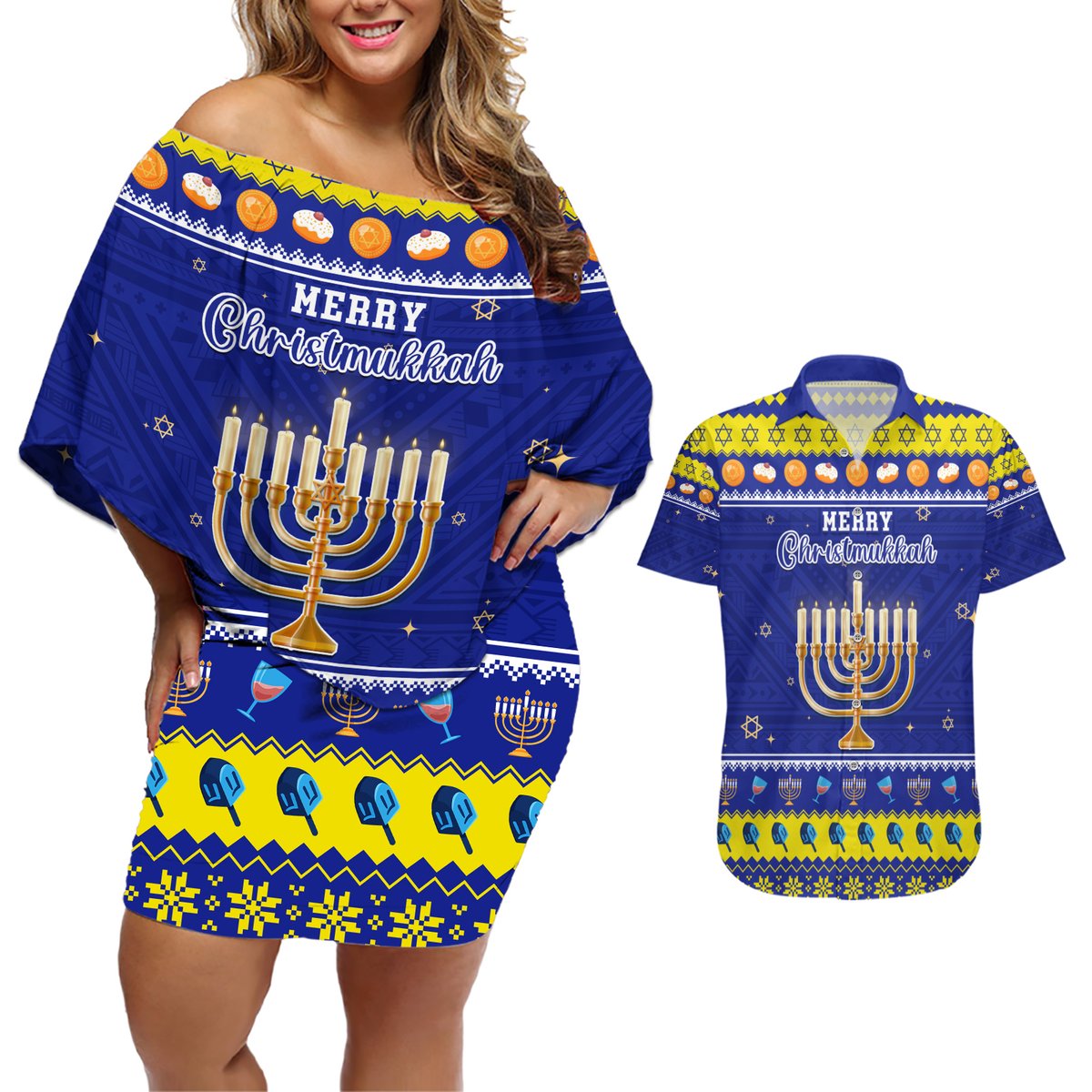 Personalised Polynesia Christmukkah Couples Matching Off Shoulder Short Dress and Hawaiian Shirt Menorah With Polynesian Tribal Pattern LT05 Blue - Polynesian Pride