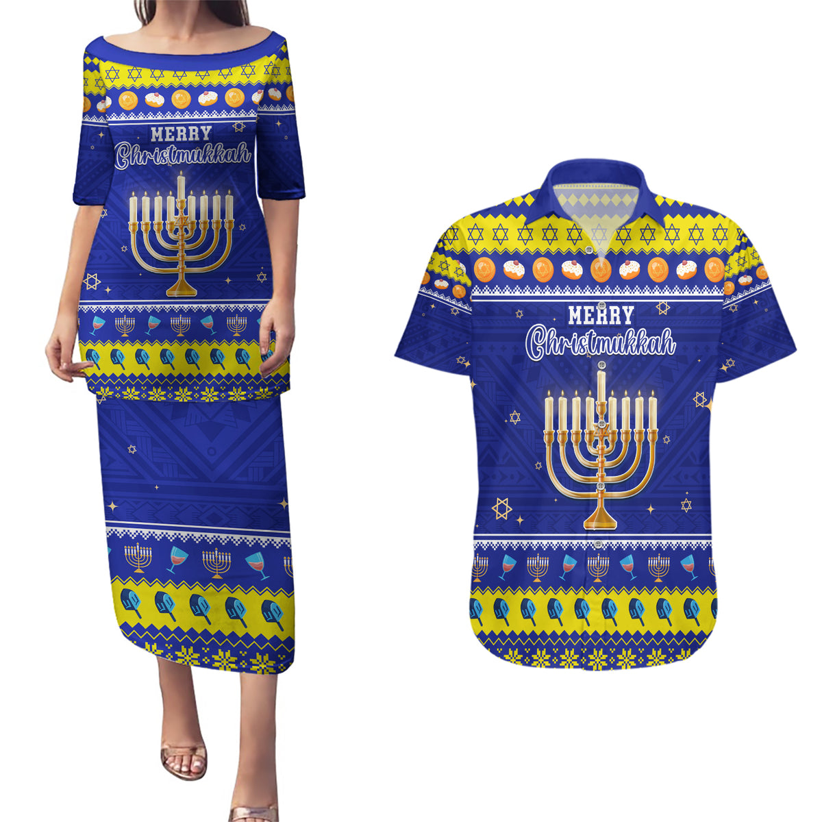Personalised Polynesia Christmukkah Couples Matching Puletasi Dress and Hawaiian Shirt Menorah With Polynesian Tribal Pattern LT05 Blue - Polynesian Pride