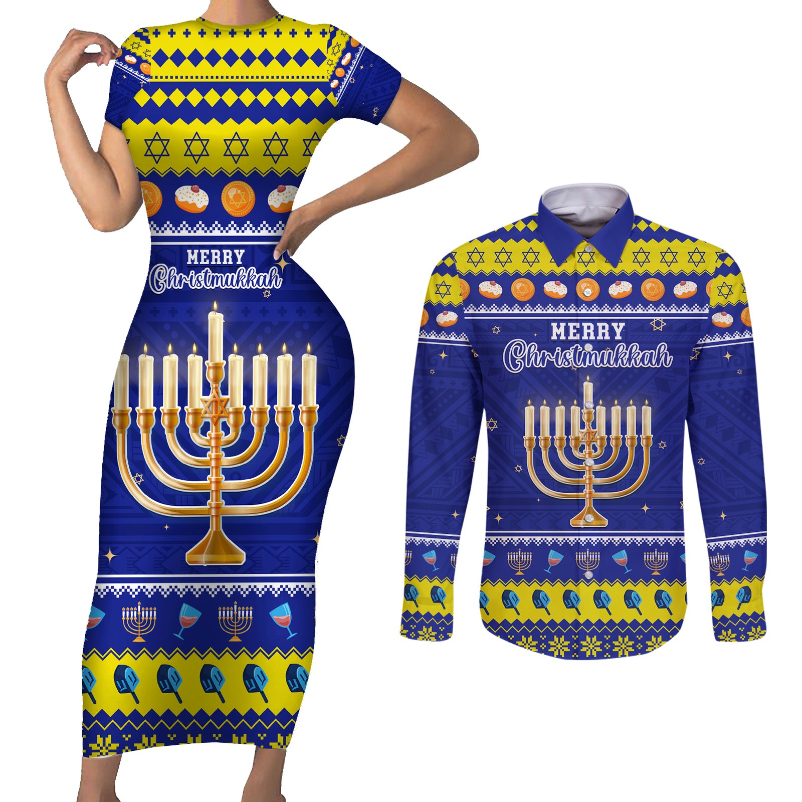 Personalised Polynesia Christmukkah Couples Matching Short Sleeve Bodycon Dress and Long Sleeve Button Shirt Menorah With Polynesian Tribal Pattern LT05 Blue - Polynesian Pride