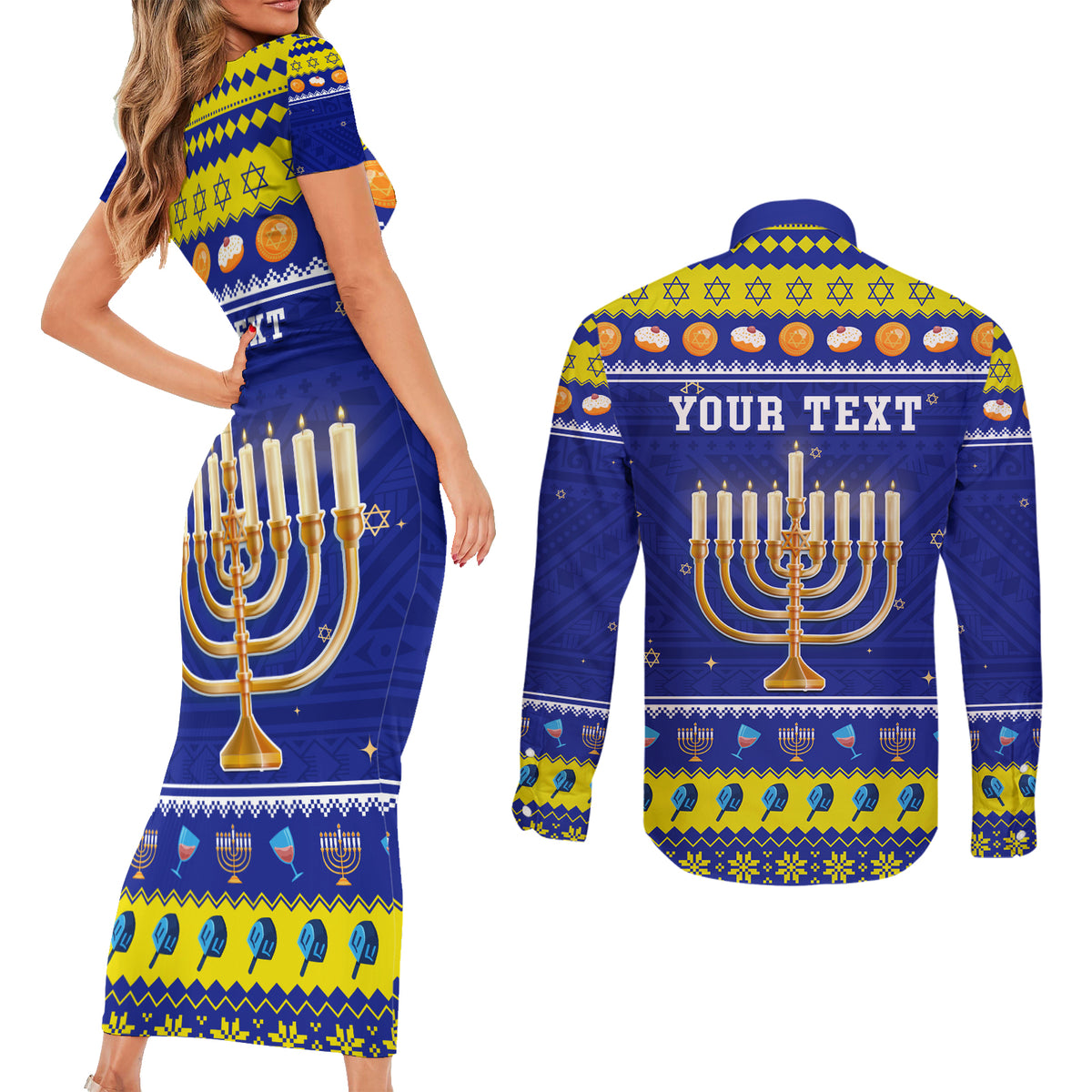 Personalised Polynesia Christmukkah Couples Matching Short Sleeve Bodycon Dress and Long Sleeve Button Shirt Menorah With Polynesian Tribal Pattern LT05 - Polynesian Pride