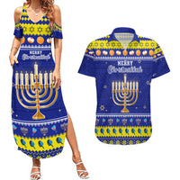 Personalised Polynesia Christmukkah Couples Matching Summer Maxi Dress and Hawaiian Shirt Menorah With Polynesian Tribal Pattern LT05 Blue - Polynesian Pride