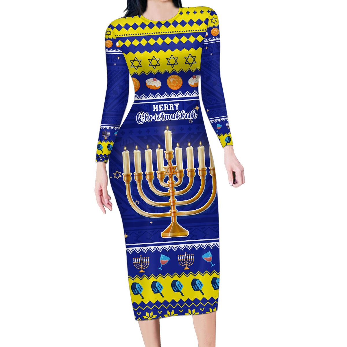 Personalised Polynesia Christmukkah Family Matching Long Sleeve Bodycon Dress and Hawaiian Shirt Menorah With Polynesian Tribal Pattern LT05 Mom's Dress Blue - Polynesian Pride
