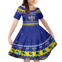 Personalised Polynesia Christmukkah Family Matching Mermaid Dress and Hawaiian Shirt Menorah With Polynesian Tribal Pattern LT05 Daughter's Dress Blue - Polynesian Pride