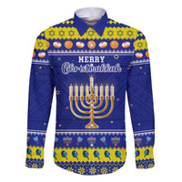 Personalised Polynesia Christmukkah Family Matching Mermaid Dress and Hawaiian Shirt Menorah With Polynesian Tribal Pattern LT05 Dad's Shirt - Long Sleeve Blue - Polynesian Pride