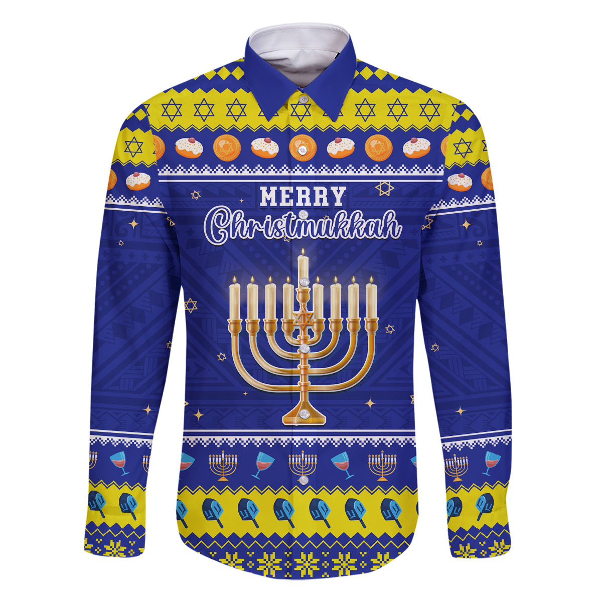 Personalised Polynesia Christmukkah Family Matching Off Shoulder Long Sleeve Dress and Hawaiian Shirt Menorah With Polynesian Tribal Pattern LT05 Dad's Shirt - Long Sleeve Blue - Polynesian Pride