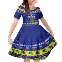 Personalised Polynesia Christmukkah Family Matching Puletasi Dress and Hawaiian Shirt Menorah With Polynesian Tribal Pattern LT05 Daughter's Dress Blue - Polynesian Pride