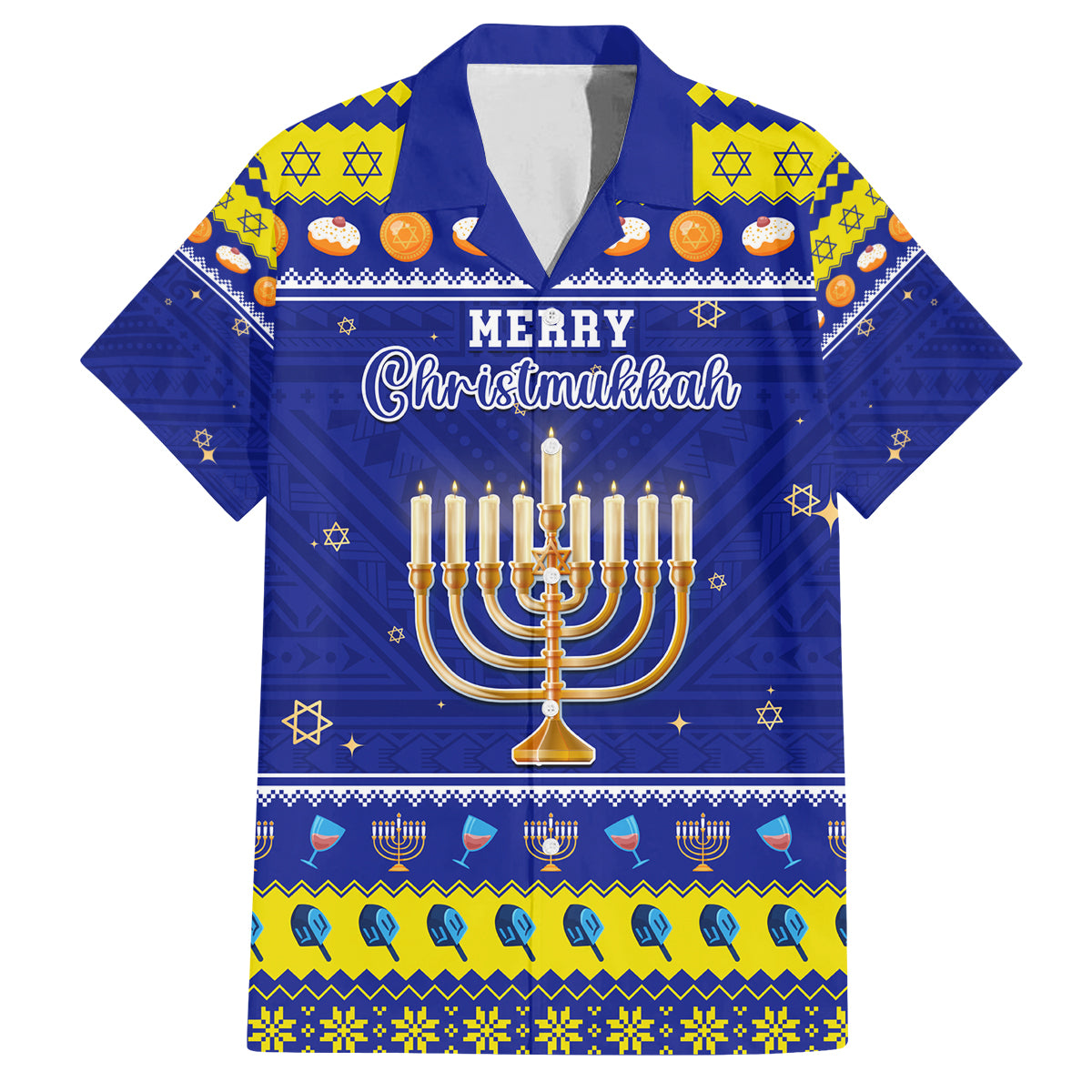 Personalised Polynesia Christmukkah Family Matching Summer Maxi Dress and Hawaiian Shirt Menorah With Polynesian Tribal Pattern LT05 Dad's Shirt - Short Sleeve Blue - Polynesian Pride