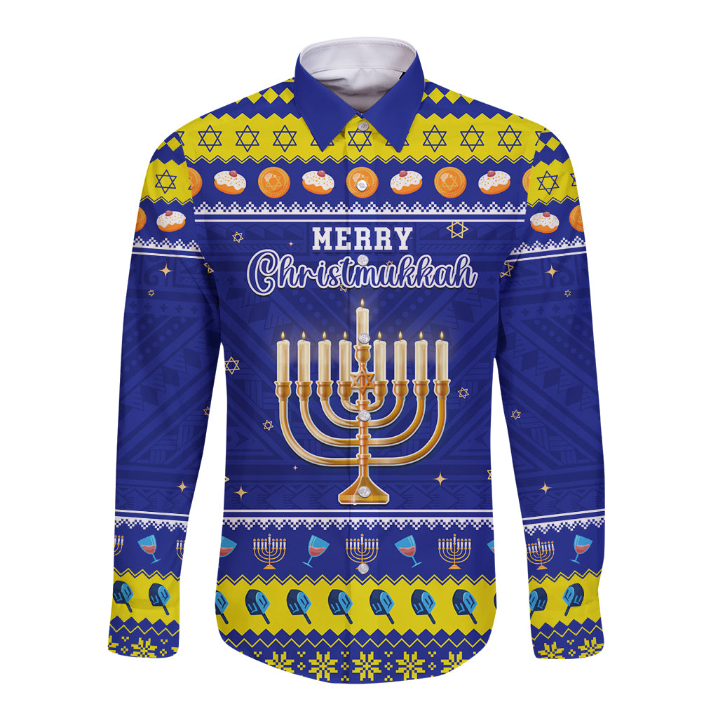 Personalised Polynesia Christmukkah Long Sleeve Button Shirt Menorah With Polynesian Tribal Pattern LT05 Unisex Blue - Polynesian Pride