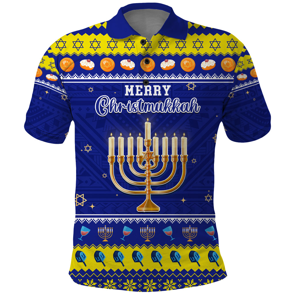 Personalised Polynesia Christmukkah Polo Shirt Menorah With Polynesian Tribal Pattern LT05 Blue - Polynesian Pride