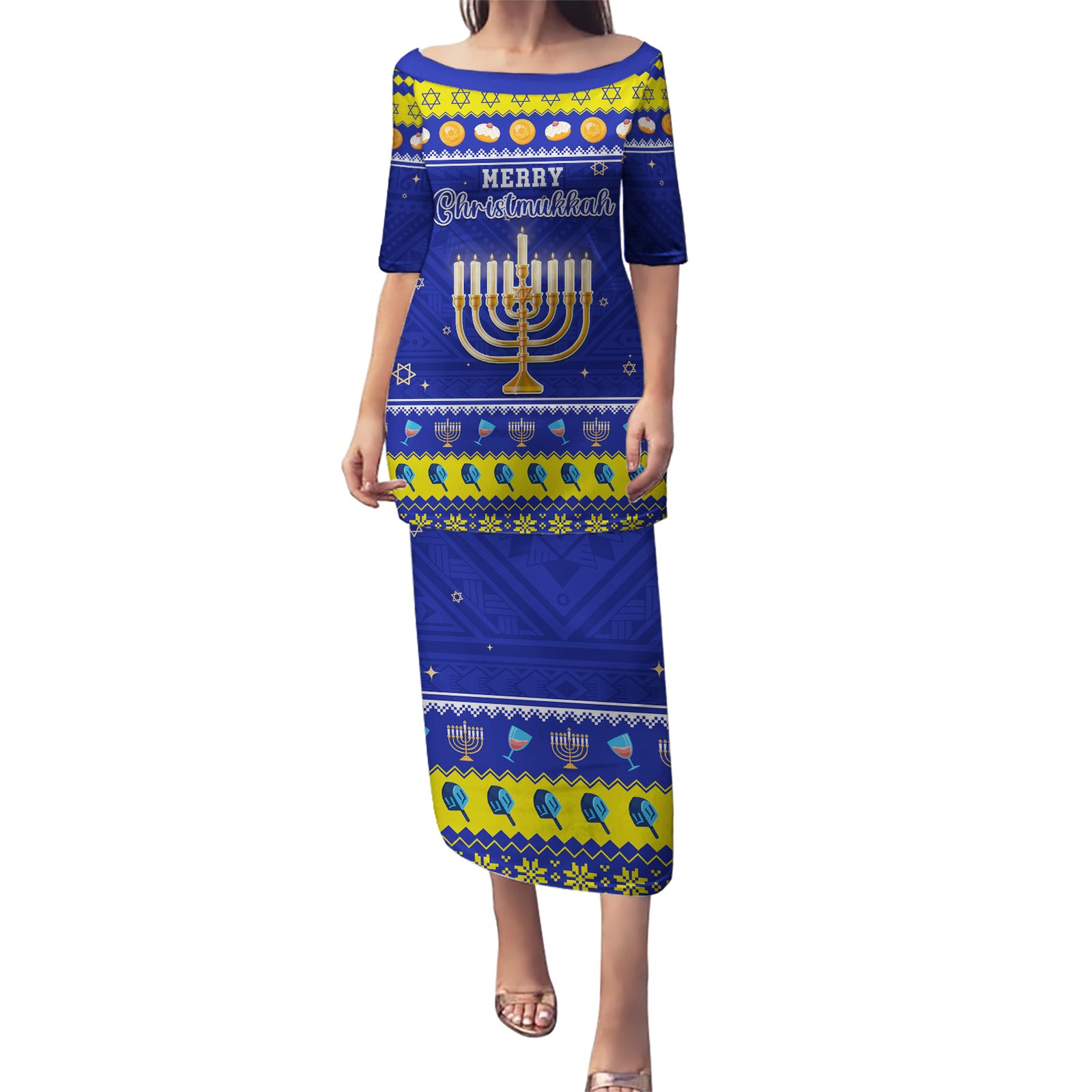 Personalised Polynesia Christmukkah Puletasi Menorah With Polynesian Tribal Pattern LT05 Long Dress Blue - Polynesian Pride